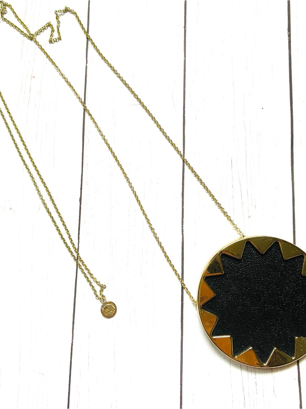 House of Harlow 1960 Gold and Black Leather Sunburst Long Pendant Necklace